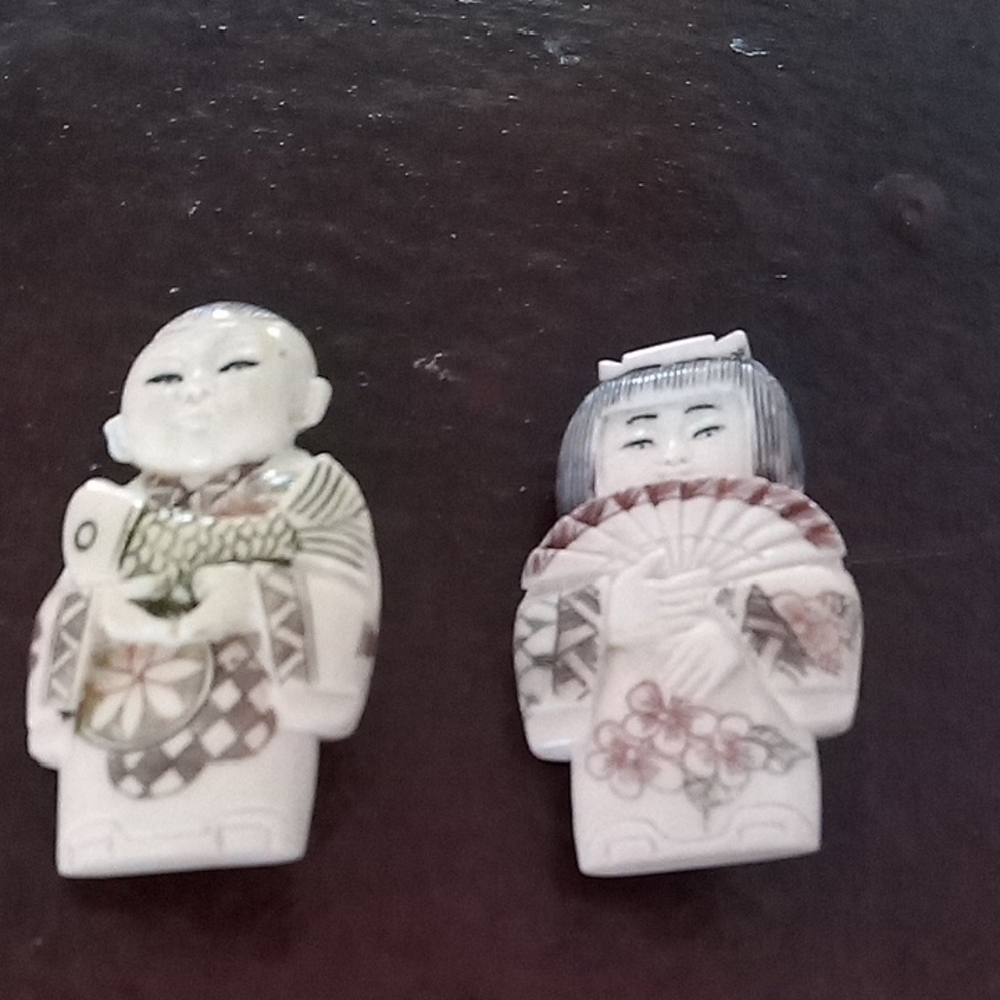 Vintage Porcelain Geisha and Figure Pair - White with Multicolor Accents